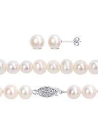 7.5-8MM Freshwater Cultured Pearl 3-Piece Set of Necklace Earrings & Bracelet in Sterling Silver