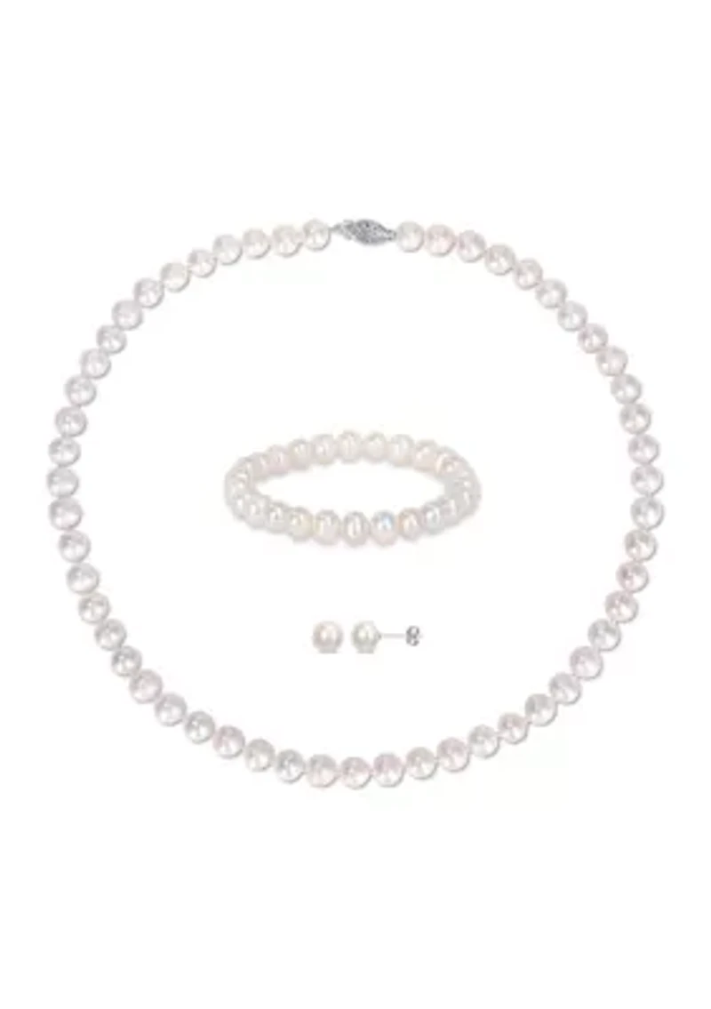 7.5-8MM Freshwater Cultured Pearl 3-Piece Set of Necklace Earrings & Bracelet in Sterling Silver