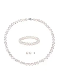 7.5-8MM Freshwater Cultured Pearl 3-Piece Set of Necklace Earrings & Bracelet in Sterling Silver