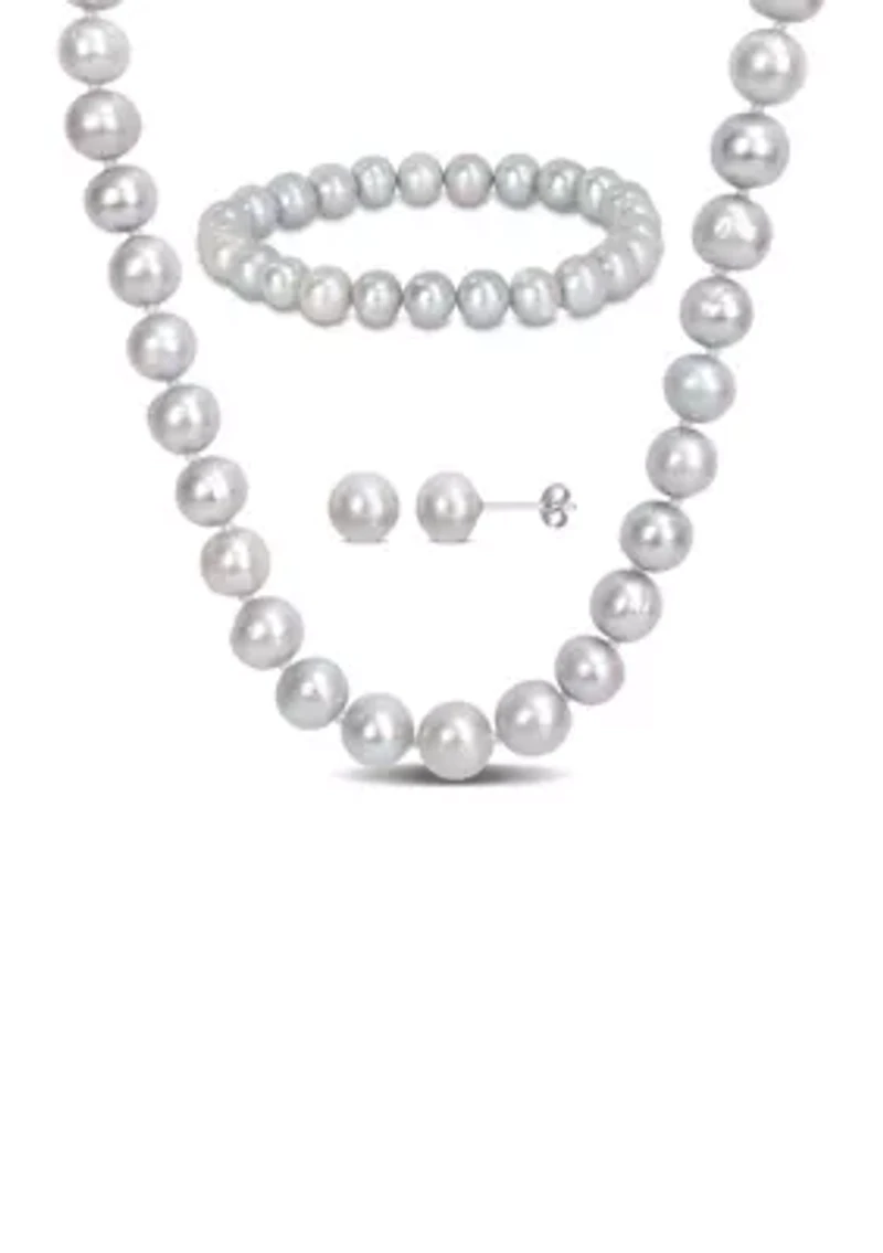 7.5-8MM Grey Freshwater Cultured Pearl 3-Piece Set of Necklace Earrings & Bracelet in Sterling Silver