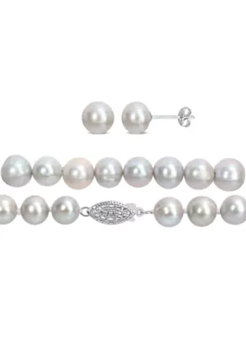 7.5-8MM Grey Freshwater Cultured Pearl 3-Piece Set of Necklace Earrings & Bracelet in Sterling Silver