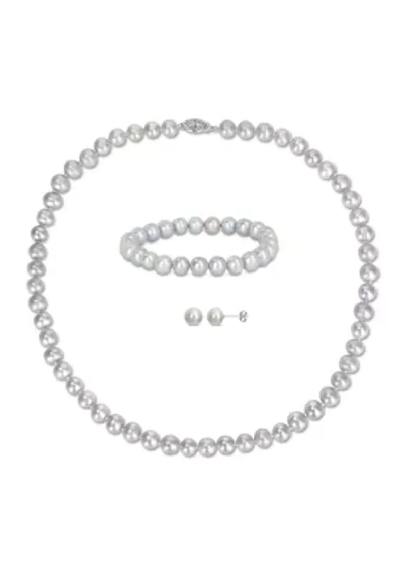 7.5-8MM Grey Freshwater Cultured Pearl 3-Piece Set of Necklace Earrings & Bracelet in Sterling Silver