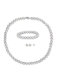 7.5-8MM Grey Freshwater Cultured Pearl 3-Piece Set of Necklace Earrings & Bracelet in Sterling Silver