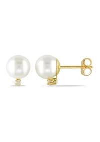Akoya Cultured Pearl and Diamond Stud Earrings in 14k Yellow Gold