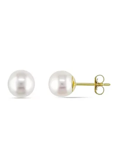 Round Cultured Freshwater White Pearl Stud Earrings in 14k Yellow Gold