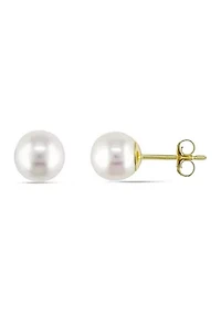 Round Cultured Freshwater White Pearl Stud Earrings in 14k Yellow Gold