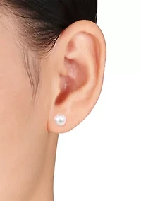 Round Cultured Freshwater White Pearl Stud Earrings in 14k Yellow Gold