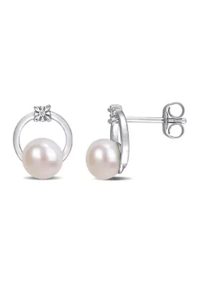 Cultured Freshwater Pearl and Diamond Circle Earrings in 10k White Gold
