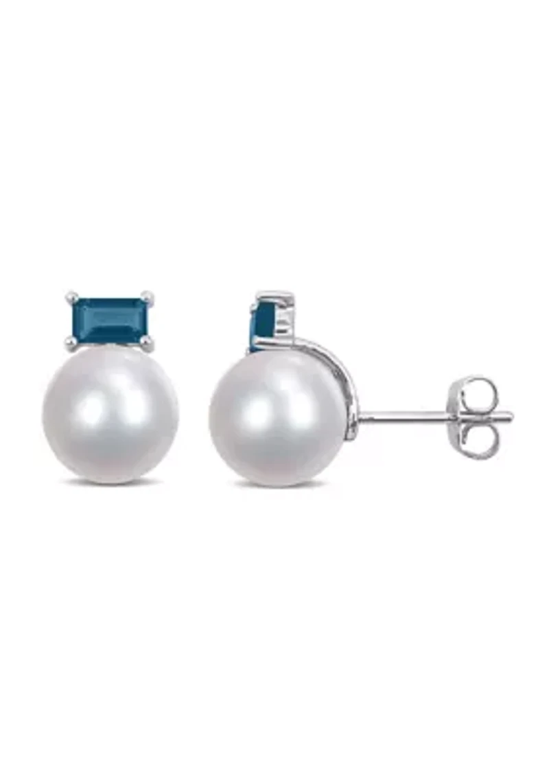 9-9.5mm Cultured Freshwater Pearl and 4/5 CT TGW Baguette London-Blue Topaz Stud Earrings in 10k White Gold