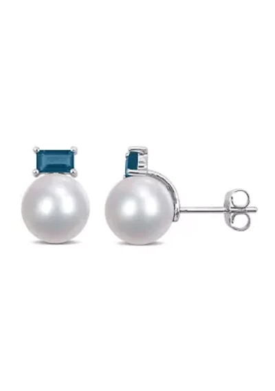 9-9.5mm Cultured Freshwater Pearl and 4/5 CT TGW Baguette London-Blue Topaz Stud Earrings in 10k White Gold