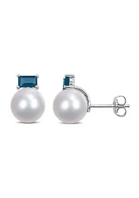 9-9.5mm Cultured Freshwater Pearl and 4/5 CT TGW Baguette London-Blue Topaz Stud Earrings in 10k White Gold