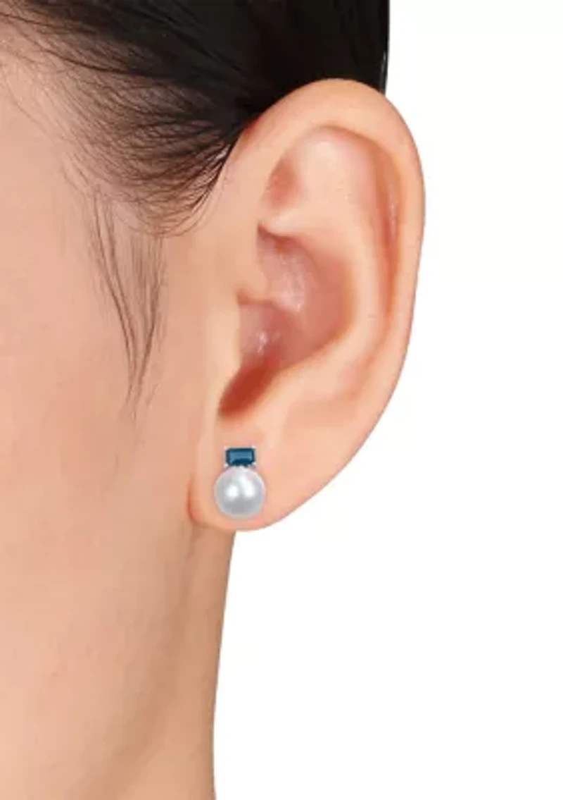 9-9.5mm Cultured Freshwater Pearl and 4/5 CT TGW Baguette London-Blue Topaz Stud Earrings in 10k White Gold
