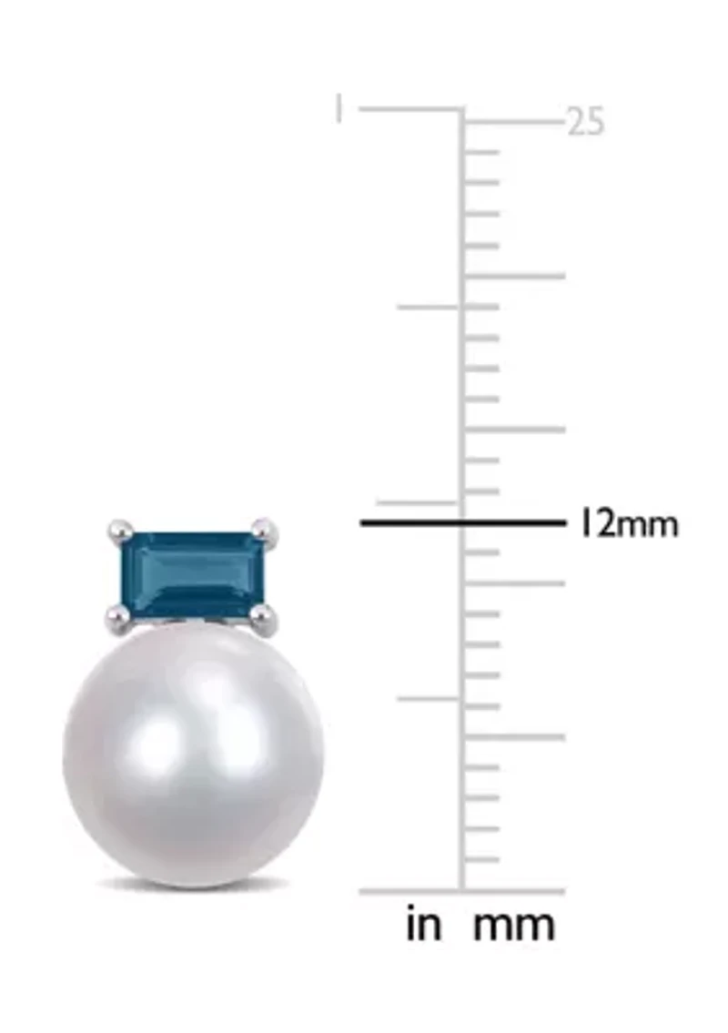 9-9.5mm Cultured Freshwater Pearl and 4/5 CT TGW Baguette London-Blue Topaz Stud Earrings in 10k White Gold