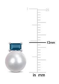 9-9.5mm Cultured Freshwater Pearl and 4/5 CT TGW Baguette London-Blue Topaz Stud Earrings in 10k White Gold