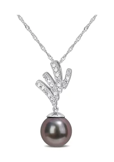 8-8.5mm Black Tahitian Cultured Pearl and Diamond Accent Drop Pendant with Chain in 10k White Gold