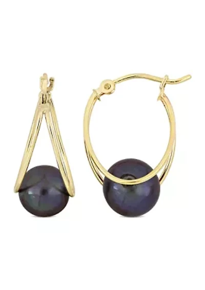 8-8.5mm Freshwater Cultured Black Pearl Drop Hoop Earrings in 10k Yellow Gold