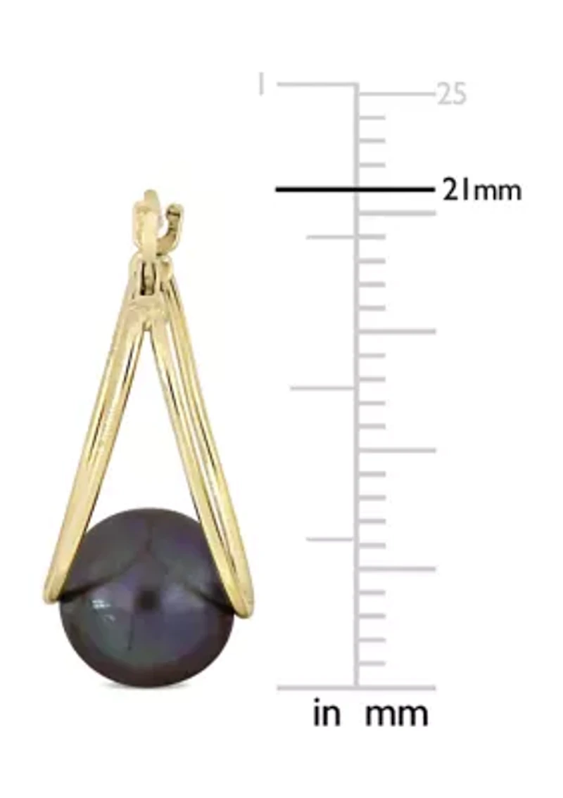 8-8.5mm Freshwater Cultured Black Pearl Drop Hoop Earrings in 10k Yellow Gold