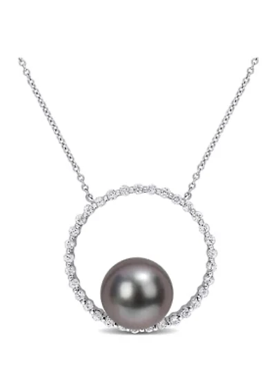 9.5-10mm Black Tahitian Cultured Pearl and 1/2 CT TGW White Sapphire Circular Pendant with Chain in 10k White Gold