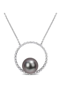 9.5-10mm Black Tahitian Cultured Pearl and 1/2 CT TGW White Sapphire Circular Pendant with Chain in 10k White Gold