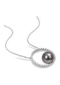 9.5-10mm Black Tahitian Cultured Pearl and 1/2 CT TGW White Sapphire Circular Pendant with Chain in 10k White Gold