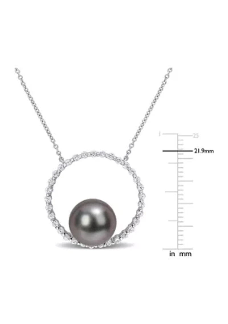 9.5-10mm Black Tahitian Cultured Pearl and 1/2 CT TGW White Sapphire Circular Pendant with Chain in 10k White Gold