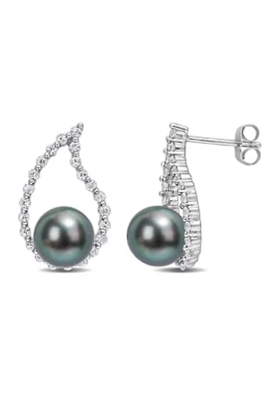 8-8.5mm Black Tahitian Cultured Pearl and 3/4 CT TGW White Sapphire Teardrop Earrings in 10k White Gold
