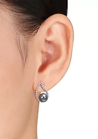 8-8.5mm Black Tahitian Cultured Pearl and 3/4 CT TGW White Sapphire Teardrop Earrings in 10k White Gold