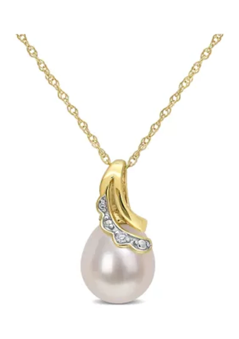 8.5-9mm Cultured Freshwater Pearl and Diamond Accent Drop Pendant and Chain in 10k Yellow Gold