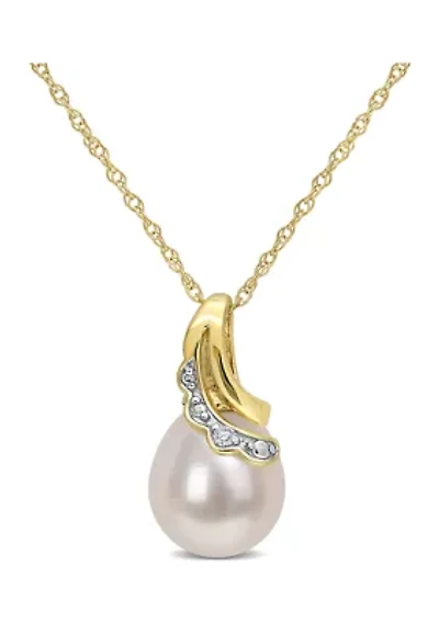 8.5-9mm Cultured Freshwater Pearl and Diamond Accent Drop Pendant and Chain in 10k Yellow Gold