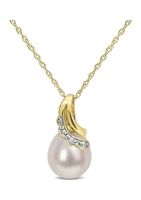 8.5-9mm Cultured Freshwater Pearl and Diamond Accent Drop Pendant and Chain in 10k Yellow Gold
