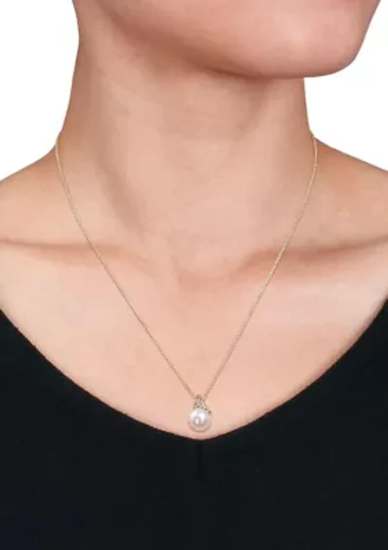 8.5-9mm Cultured Freshwater Pearl and Diamond Accent Drop Pendant and Chain in 10k Yellow Gold