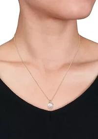8.5-9mm Cultured Freshwater Pearl and Diamond Accent Drop Pendant and Chain in 10k Yellow Gold