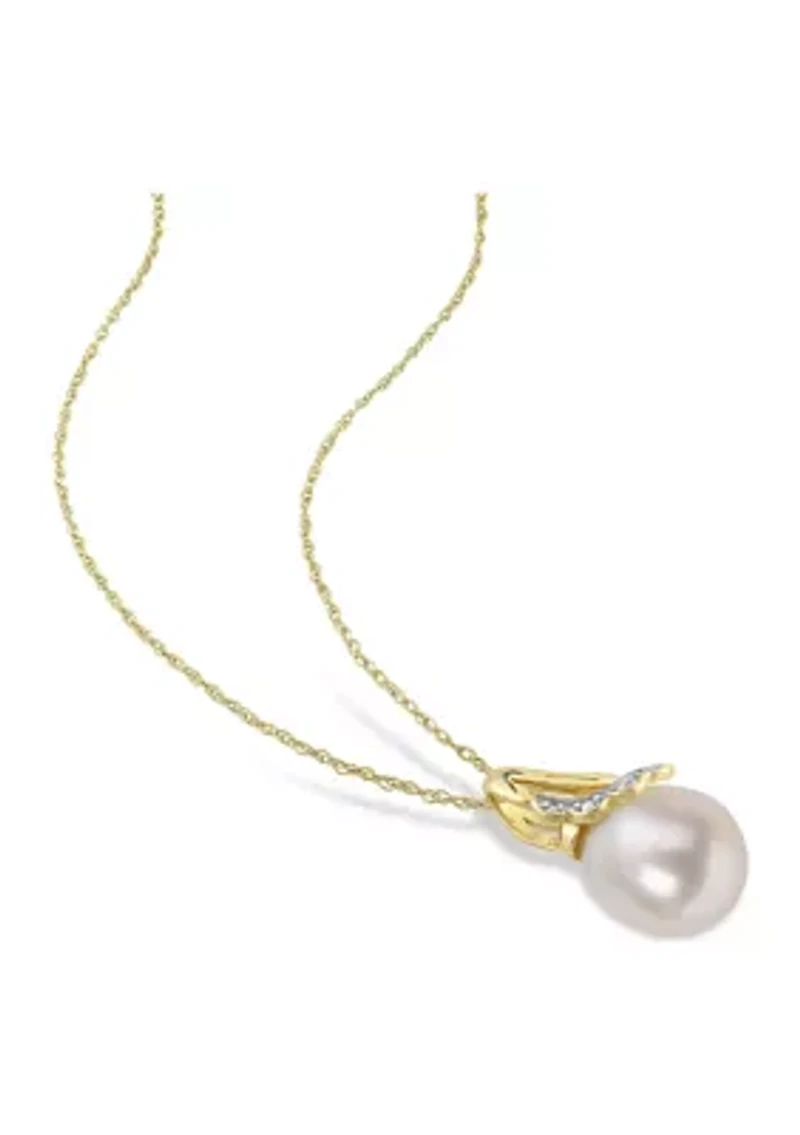8.5-9mm Cultured Freshwater Pearl and Diamond Accent Drop Pendant and Chain in 10k Yellow Gold