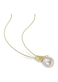 8.5-9mm Cultured Freshwater Pearl and Diamond Accent Drop Pendant and Chain in 10k Yellow Gold