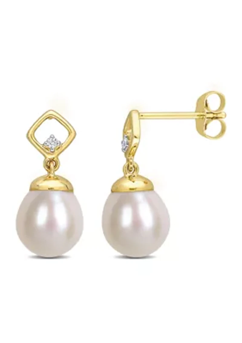 8-8.5mm Freshwater Cultured Pearl and Diamond Accent Earrings in 10k Yellow Gold