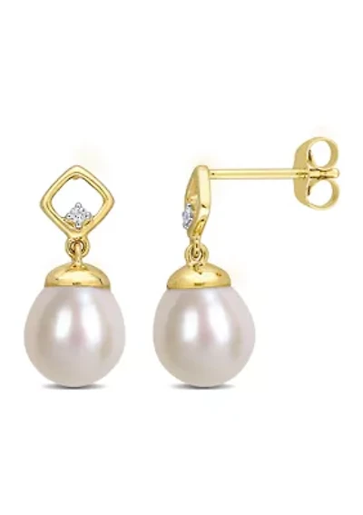 8-8.5mm Freshwater Cultured Pearl and Diamond Accent Earrings in 10k Yellow Gold