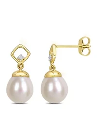 8-8.5mm Freshwater Cultured Pearl and Diamond Accent Earrings in 10k Yellow Gold