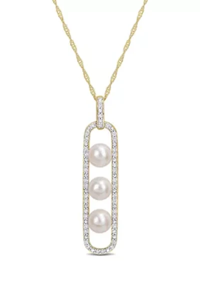 5-5.5mm Cultured Freshwater Pearl and 1/5 CT TDW Diamond Drop Pendant with Chain in 10k Yellow Gold