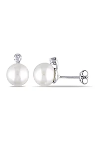 8 - 8.5 MM White Cultured Freshwater Pearl and Diamond Stud Earrings in Sterling silver