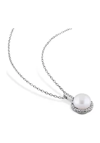 1/10 CT TW Diamond and 8 MM White Cultured Freshwater Pearl Halo Pendant with Chain in Sterling Silver