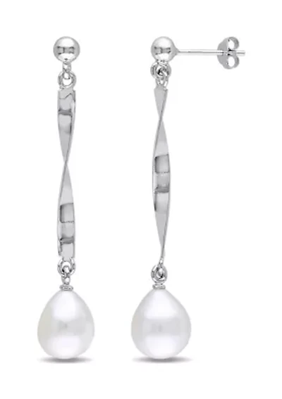 9-9.5mm Freshwater Cultured Pearl Twisted Drop Earrings in Sterling Silver
