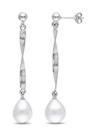 9-9.5mm Freshwater Cultured Pearl Twisted Drop Earrings in Sterling Silver