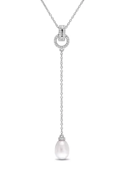 1/5 CT TGW White Topaz and 8 - 8.5 MM White Cultured Freshwater Pearl Drop Pendant with Chain in Sterling Silver