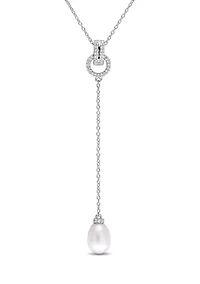 1/5 CT TGW White Topaz and 8 - 8.5 MM White Cultured Freshwater Pearl Drop Pendant with Chain in Sterling Silver