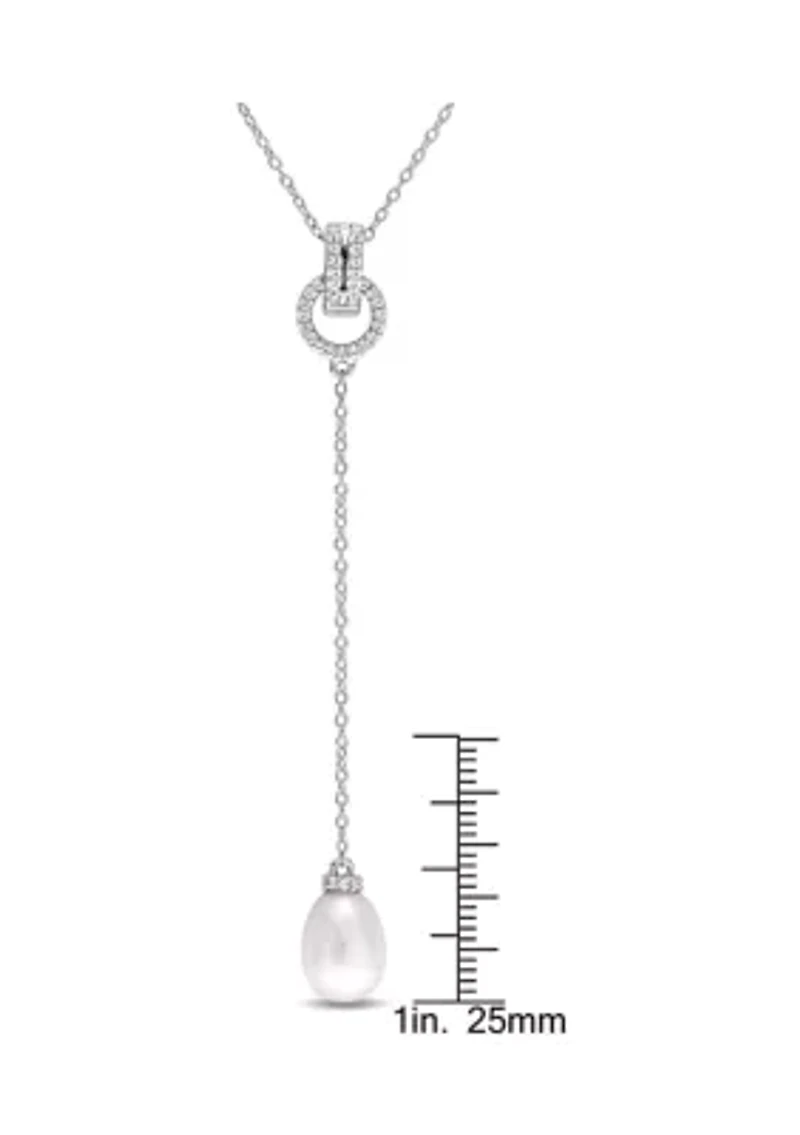 1/5 CT TGW White Topaz and 8 - 8.5 MM White Cultured Freshwater Pearl Drop Pendant with Chain in Sterling Silver