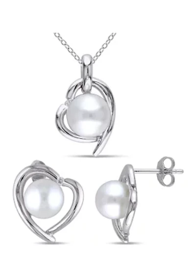 2 Piece Set of 8-9 MM Cultured Freshwater Pearl and Diamond Heart Stud Earrings and Pendant With Chain in Sterling Silver