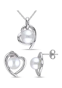 2 Piece Set of 8-9 MM Cultured Freshwater Pearl and Diamond Heart Stud Earrings and Pendant With Chain in Sterling Silver