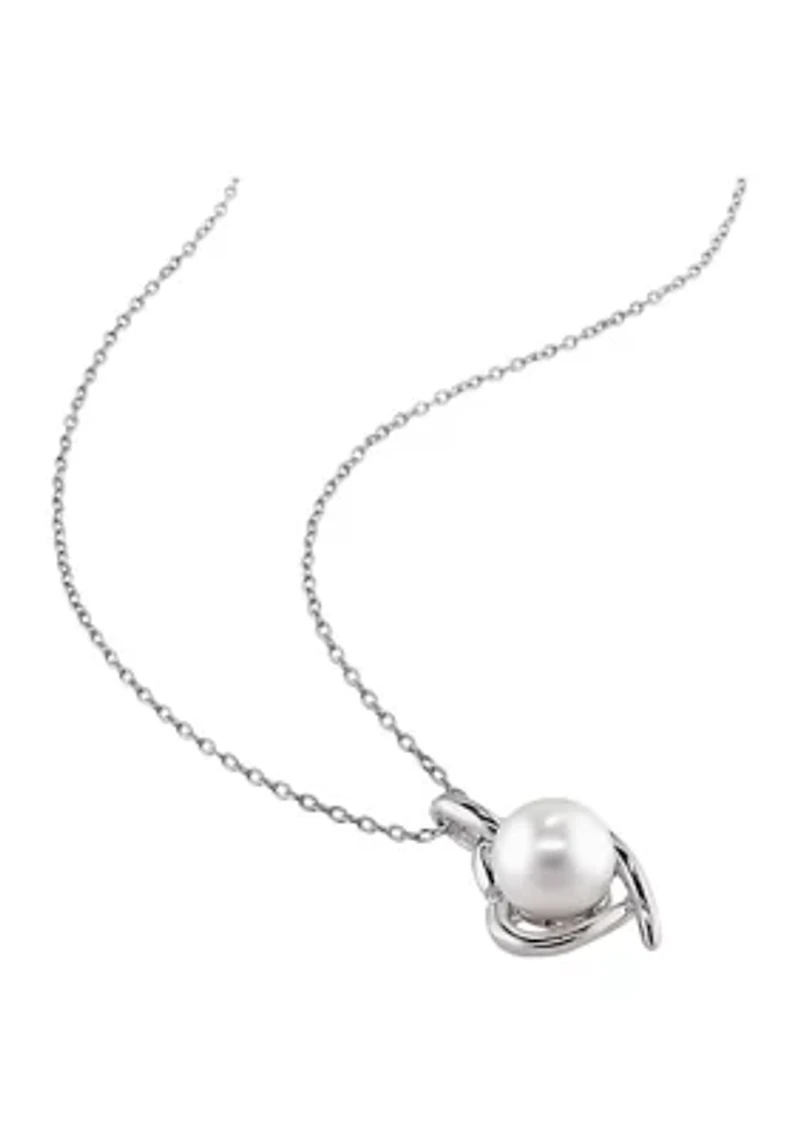 2 Piece Set of 8-9 MM Cultured Freshwater Pearl and Diamond Heart Stud Earrings and Pendant With Chain in Sterling Silver