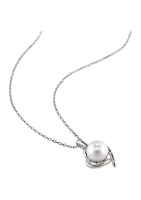 2 Piece Set of 8-9 MM Cultured Freshwater Pearl and Diamond Heart Stud Earrings and Pendant With Chain in Sterling Silver
