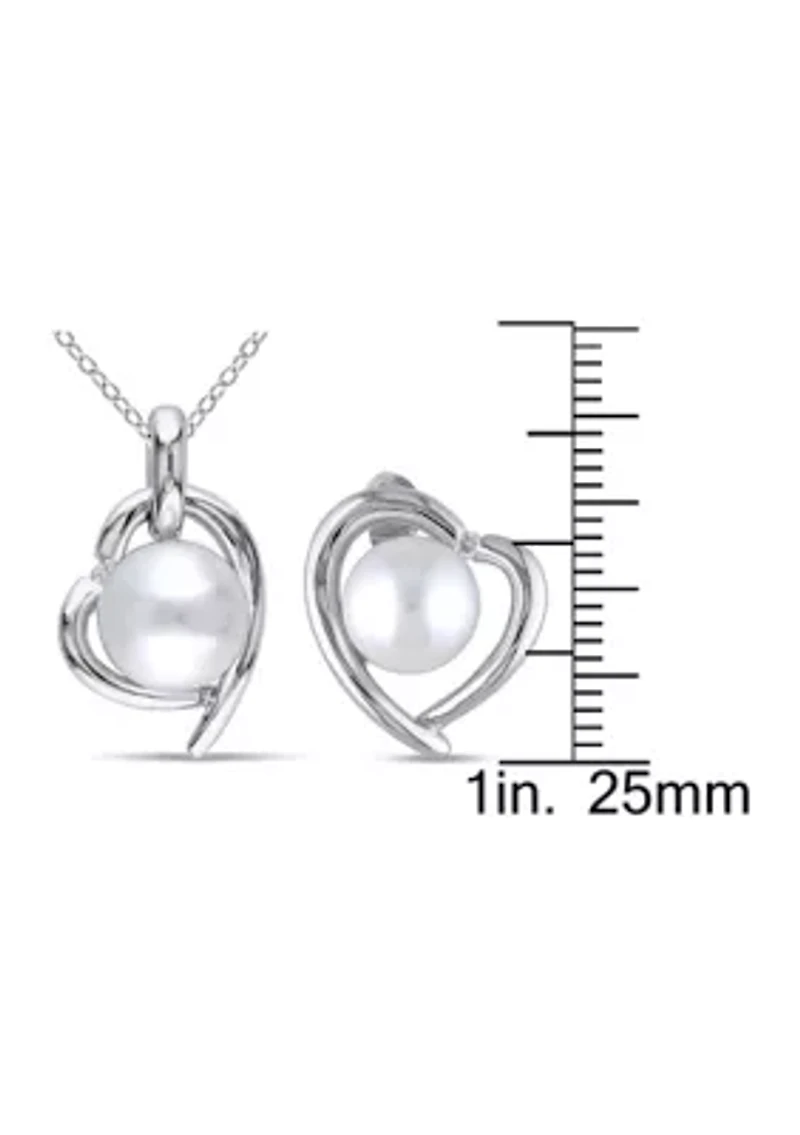 2 Piece Set of 8-9 MM Cultured Freshwater Pearl and Diamond Heart Stud Earrings and Pendant With Chain in Sterling Silver
